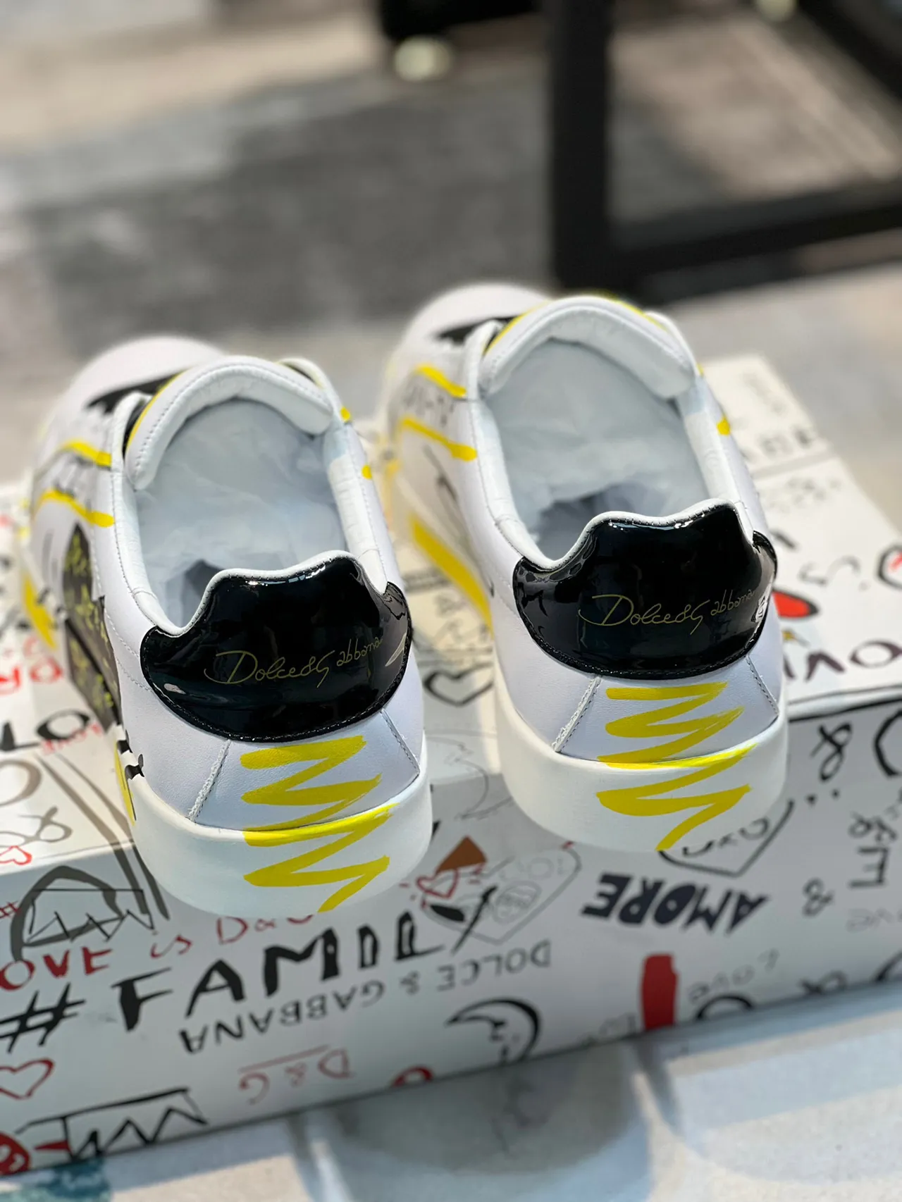 Dolce & Gabbana White Yellow Leather Upper Graffiti-Print Overlay Lifestyle Sneakers 2