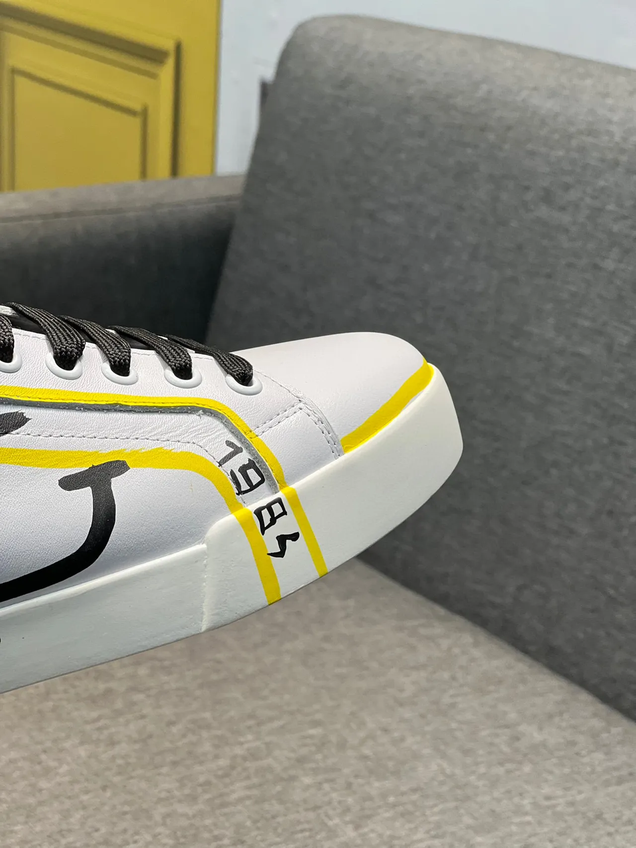 Dolce & Gabbana White Yellow Leather Upper Graffiti-Print Overlay Lifestyle Sneakers 3
