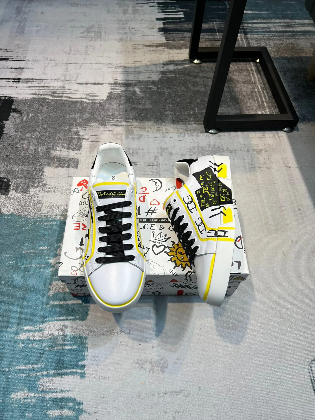 Dolce & Gabbana White Yellow Leather Upper Graffiti-Print Overlay Lifestyle Sneakers 4