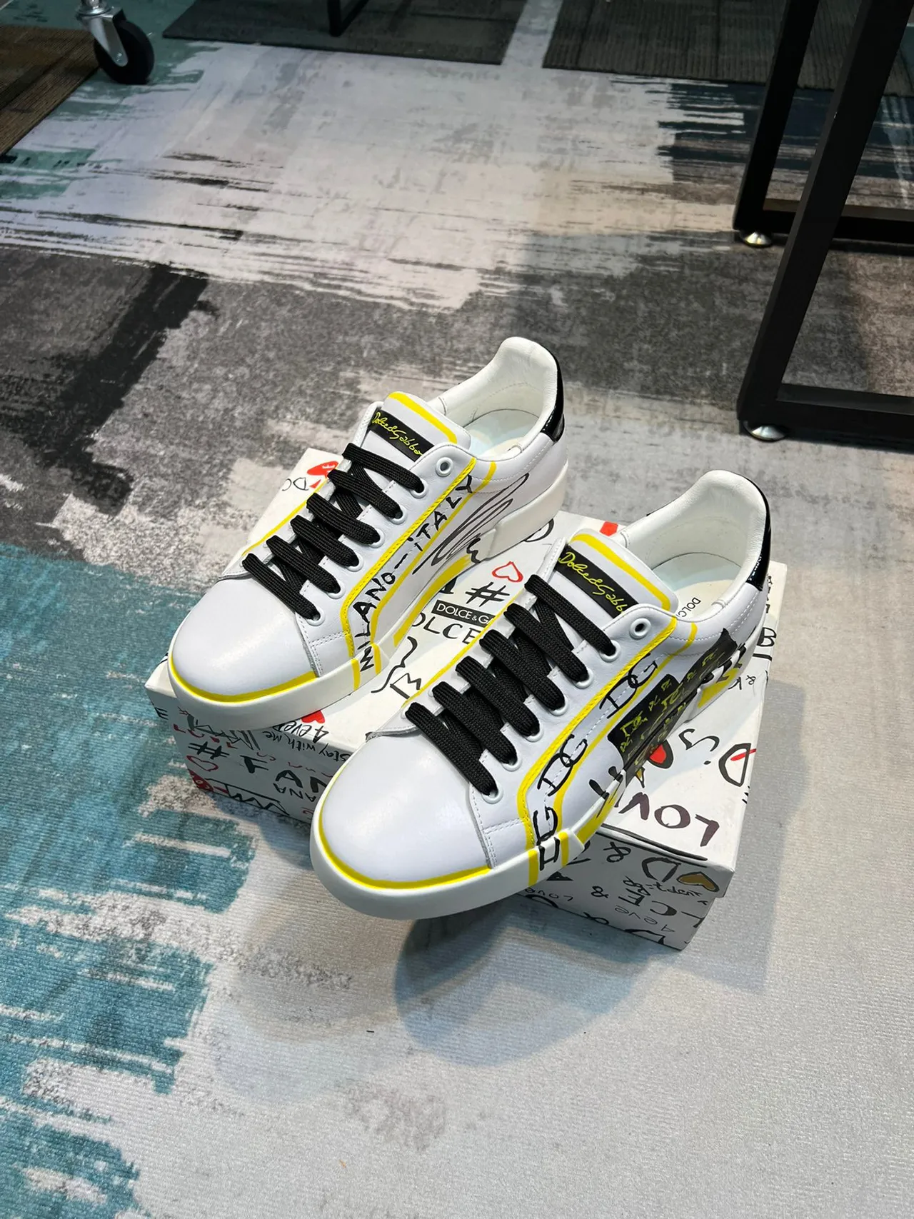 Dolce & Gabbana White Yellow Leather Upper Graffiti-Print Overlay Lifestyle Sneakers 5