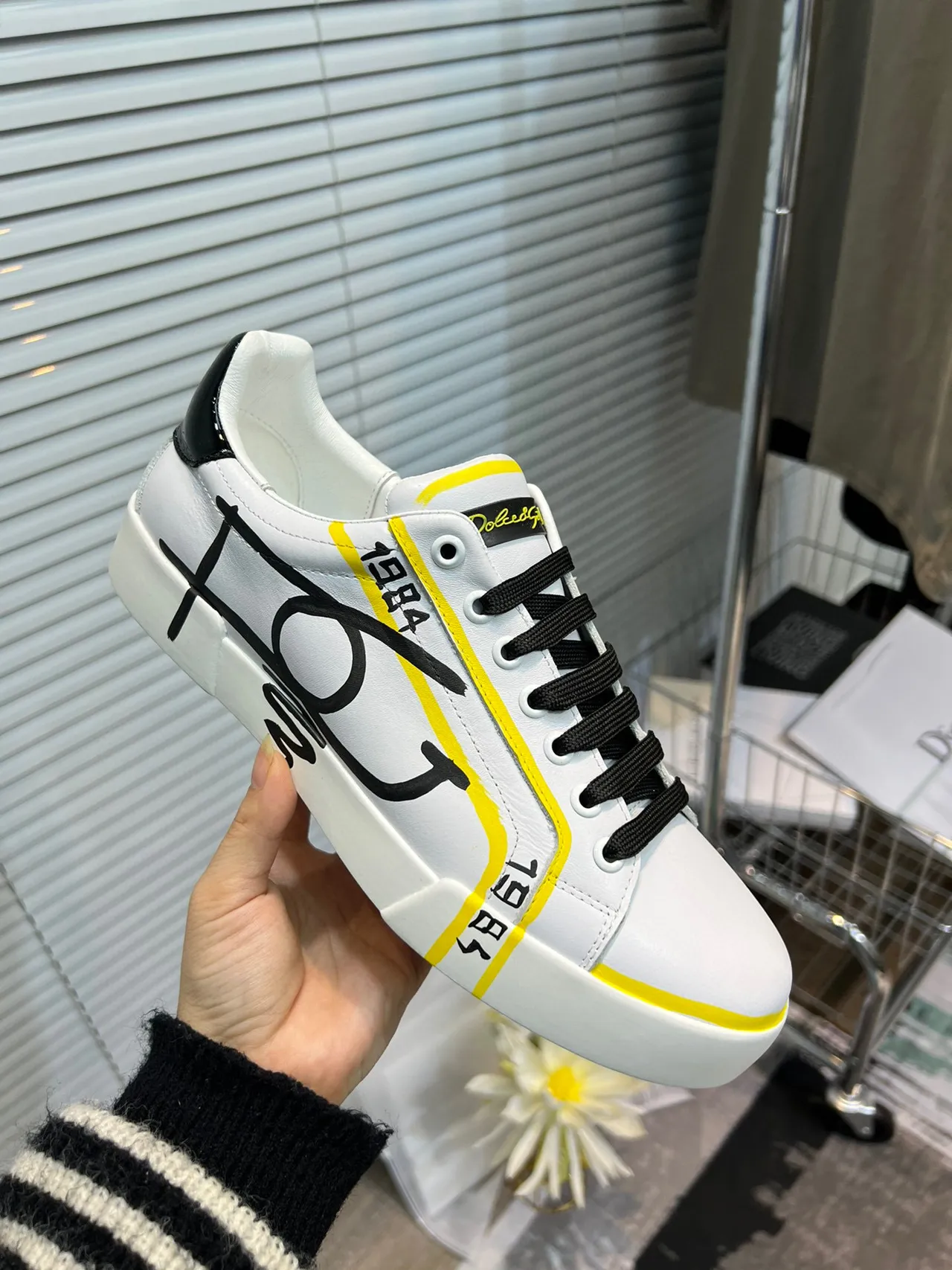 Dolce & Gabbana White Yellow Leather Upper Graffiti-Print Overlay Lifestyle Sneakers 6