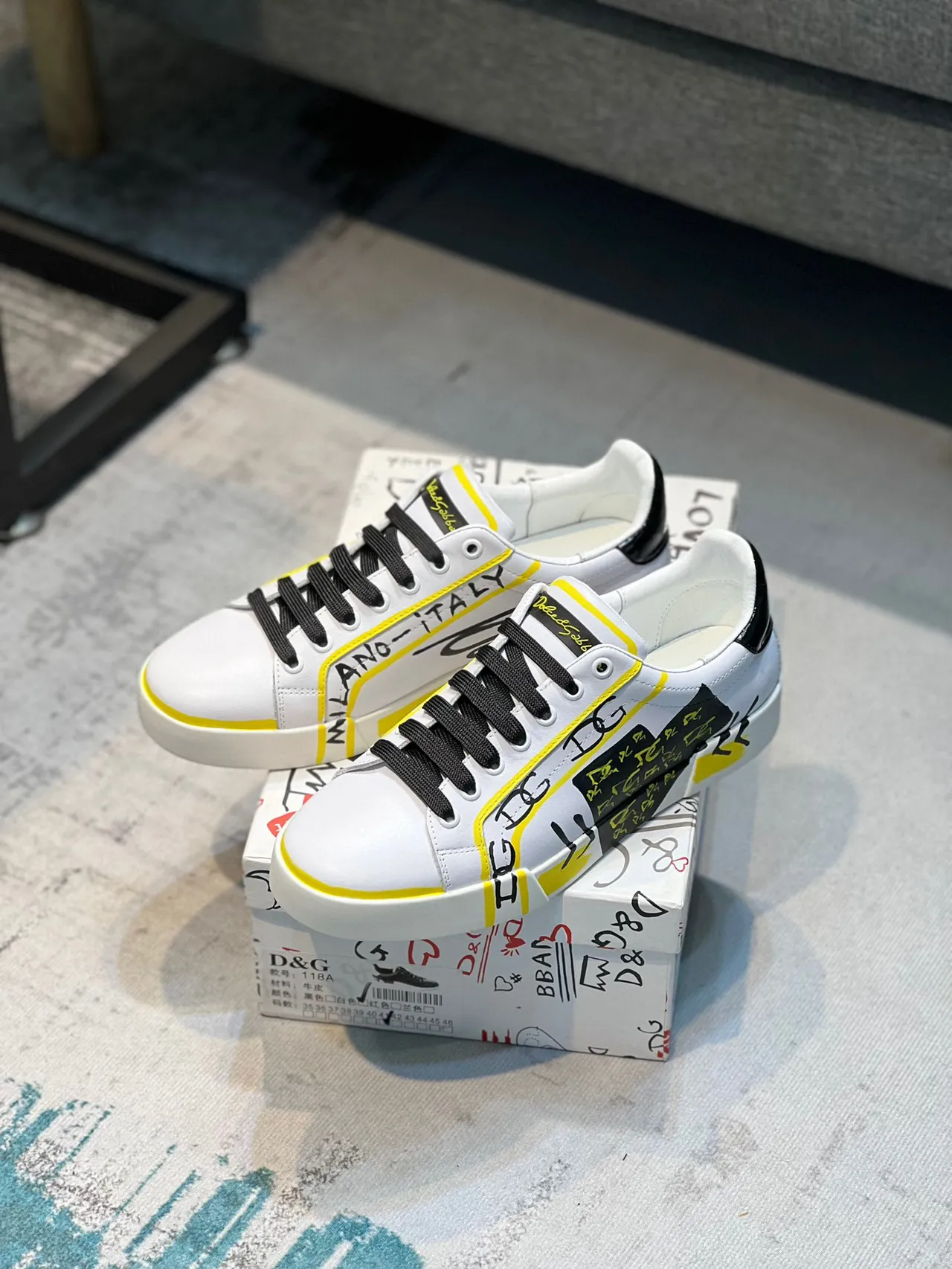 Dolce & Gabbana White Yellow Leather Upper Graffiti-Print Overlay Lifestyle Sneakers 7