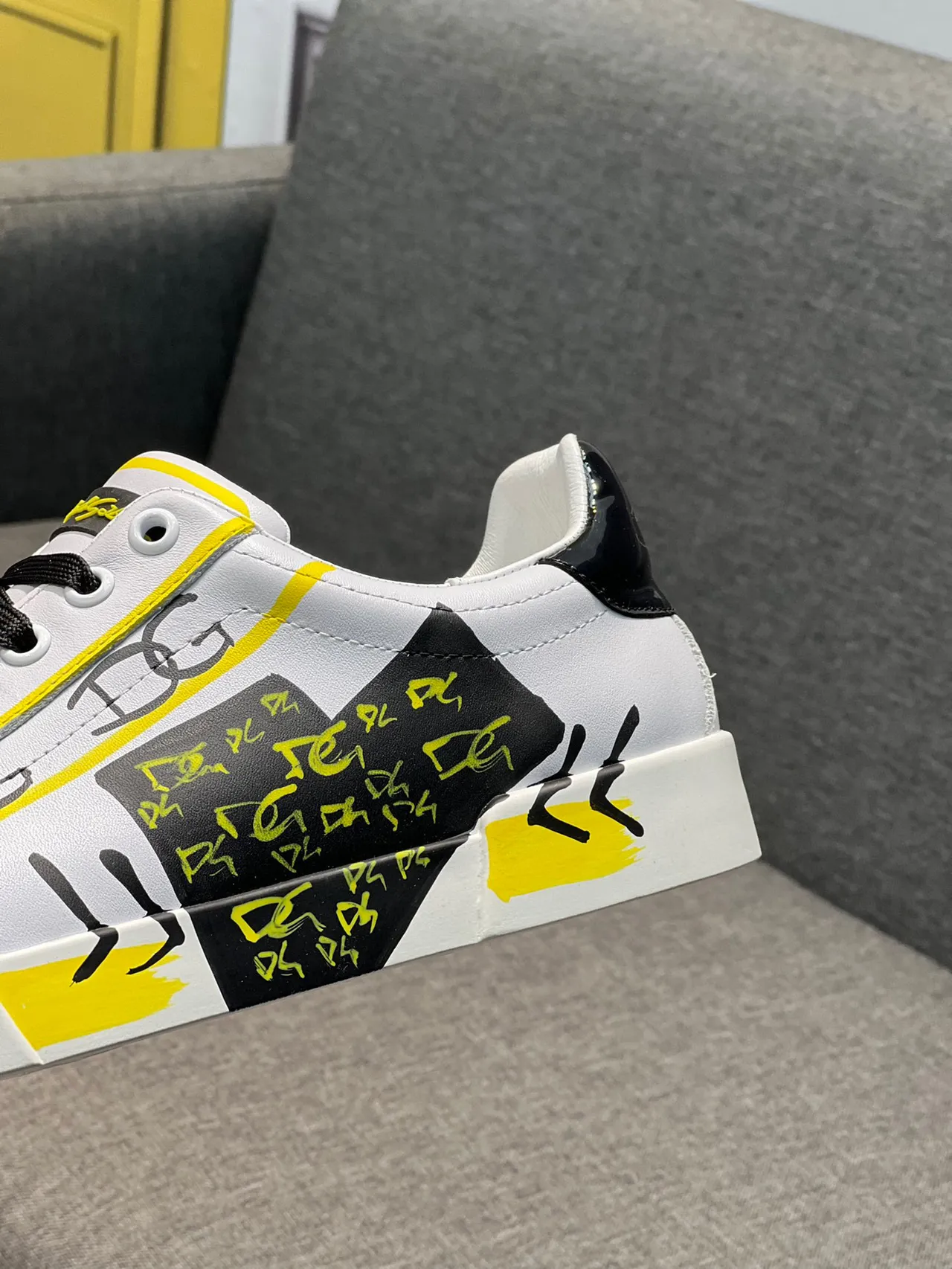 Dolce & Gabbana White Yellow Leather Upper Graffiti-Print Overlay Lifestyle Sneakers 8