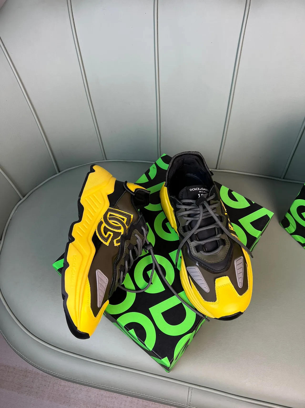 Dolce & Gabbana Yellow Army Green Oversized Monogram Sculpted Sole Chunky Sneakers 3