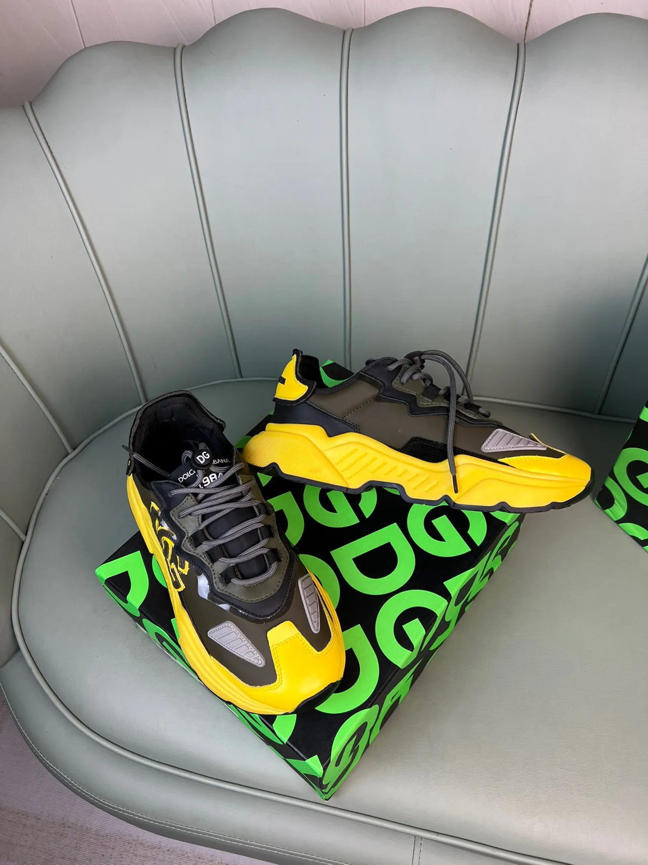 Dolce & Gabbana Yellow Army Green Oversized Monogram Sculpted Sole Chunky Sneakers 7