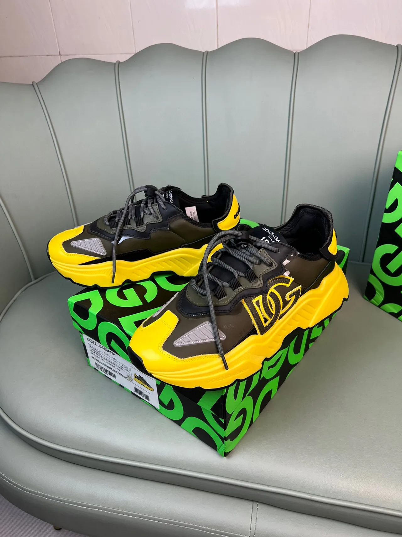 Dolce & Gabbana Yellow Army Green Oversized Monogram Sculpted Sole Chunky Sneakers 8