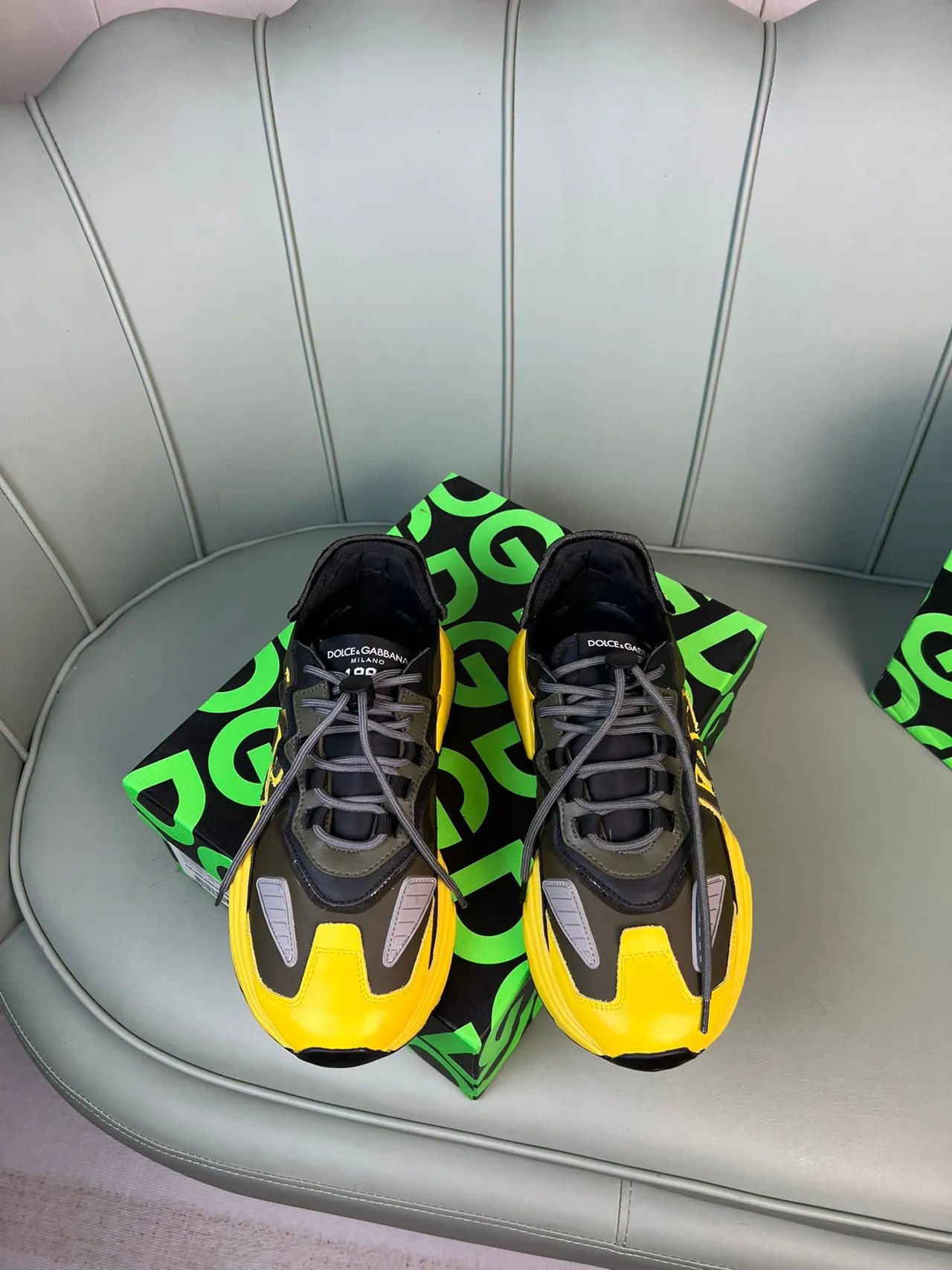 Dolce & Gabbana Yellow Army Green Oversized Monogram Sculpted Sole Chunky Sneakers 9