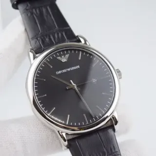 Emporio Armani काला चांदी न्यूनतम ड्रेस क्वार्ट्ज घड़ी