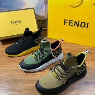 Fendi Black Yellow Knit Upper High-Top Sock-Like Collar Sneakers