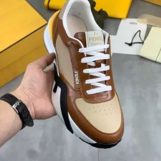 Fendi Brown Beige Two-Tone Leather And Textile Upper Chunky Layered Sole Sneakers