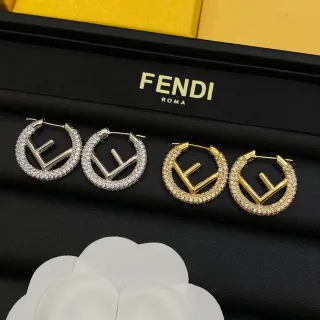 Fendi FF হুপ রূপা সোনা Pavé-Crystal Interlocking Logo ইয়াররিংস