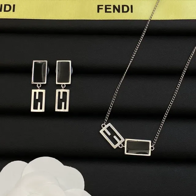 Fendi FF Logo Black Silver Geometric Rectangular Earrings 6