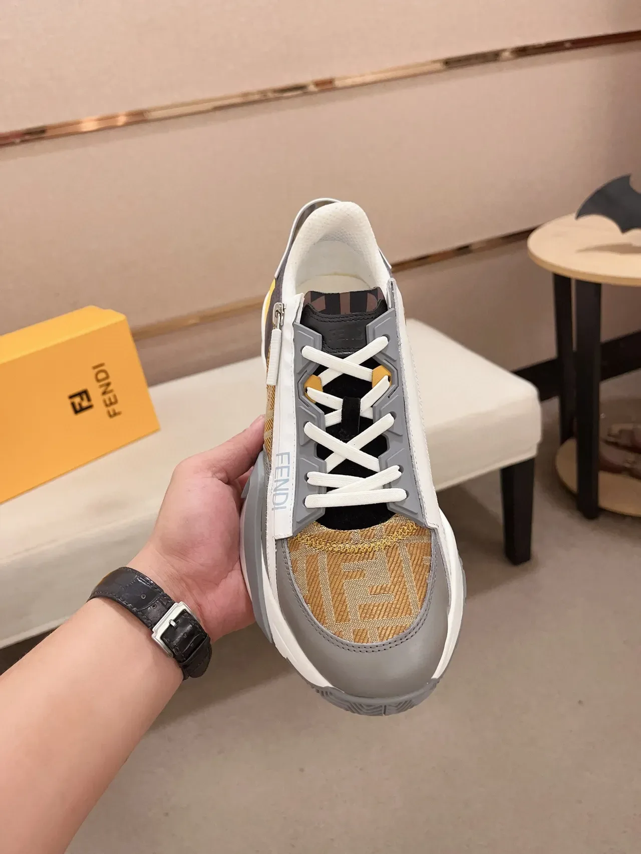Fendi First Beige Gray Monogram Canvas Upper Sculpted Sole Chunky Sneakers 2