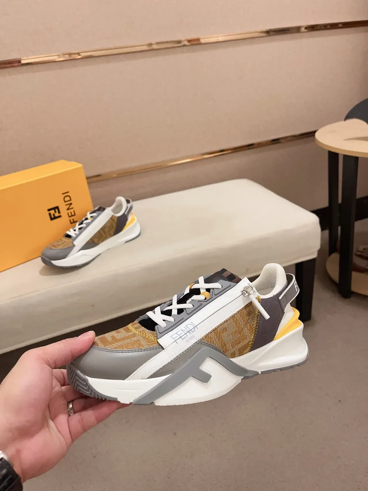 Fendi First Beige Gray Monogram Canvas Upper Sculpted Sole Chunky Sneakers 3