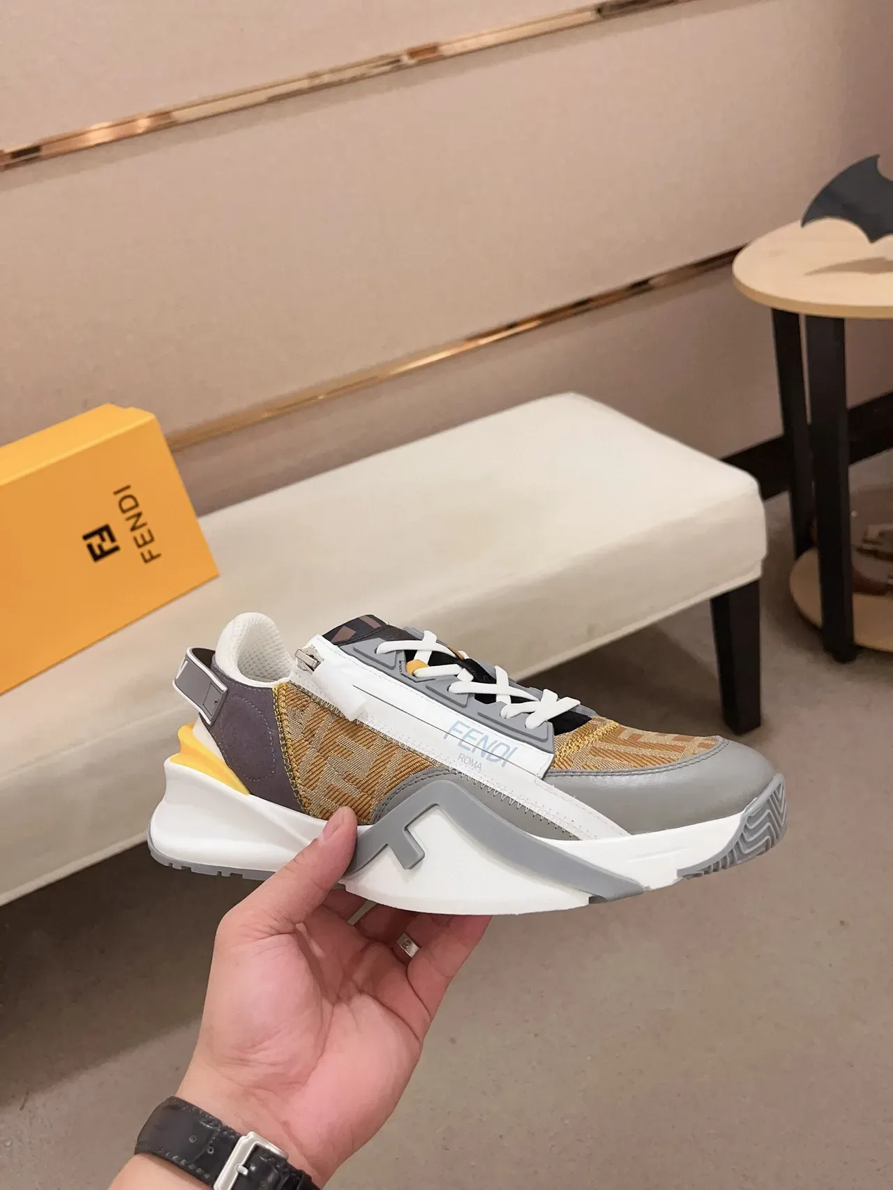 Fendi First Beige Gray Monogram Canvas Upper Sculpted Sole Chunky Sneakers 4