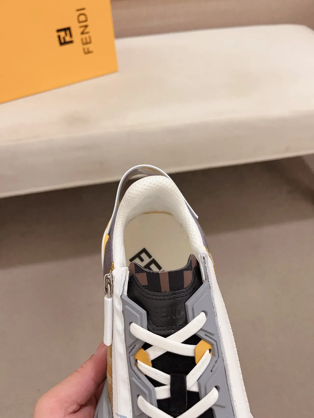 Fendi First Beige Gray Monogram Canvas Upper Sculpted Sole Chunky Sneakers 6