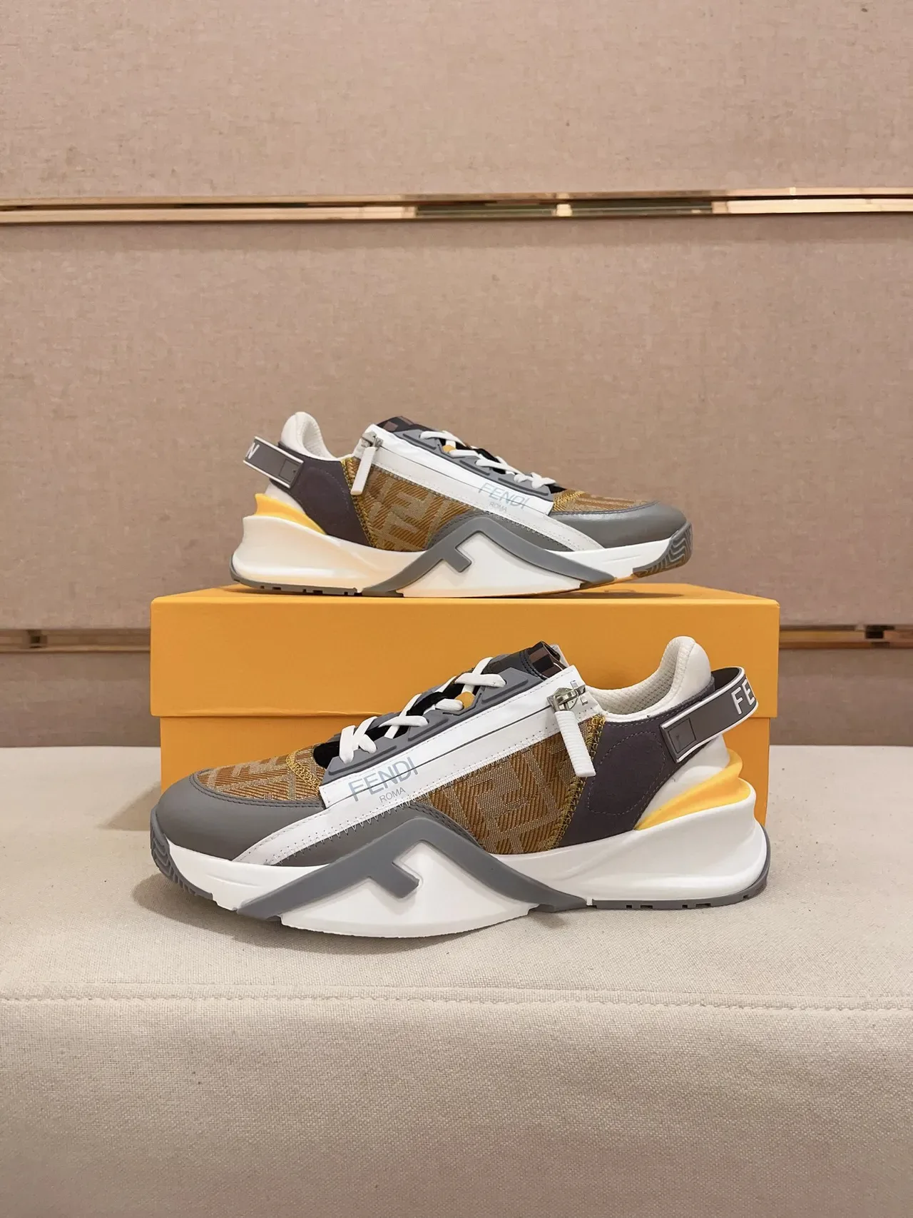 Fendi First Beige Gray Monogram Canvas Upper Sculpted Sole Chunky Sneakers 7