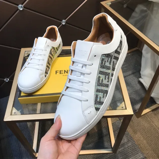 Fendi First White Beige Leather Crystal-Embellished FF Monogram Side Panel Lifestyle Sneakers 2
