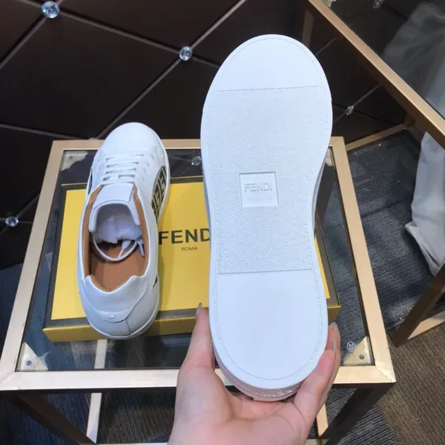 Fendi First White Beige Leather Crystal-Embellished FF Monogram Side Panel Lifestyle Sneakers 3