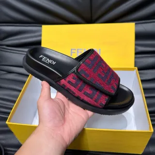 Fendi Slide লাল কালো FF Monogram Strap মোল্ডেড রাবার সোল স্লিপার্স