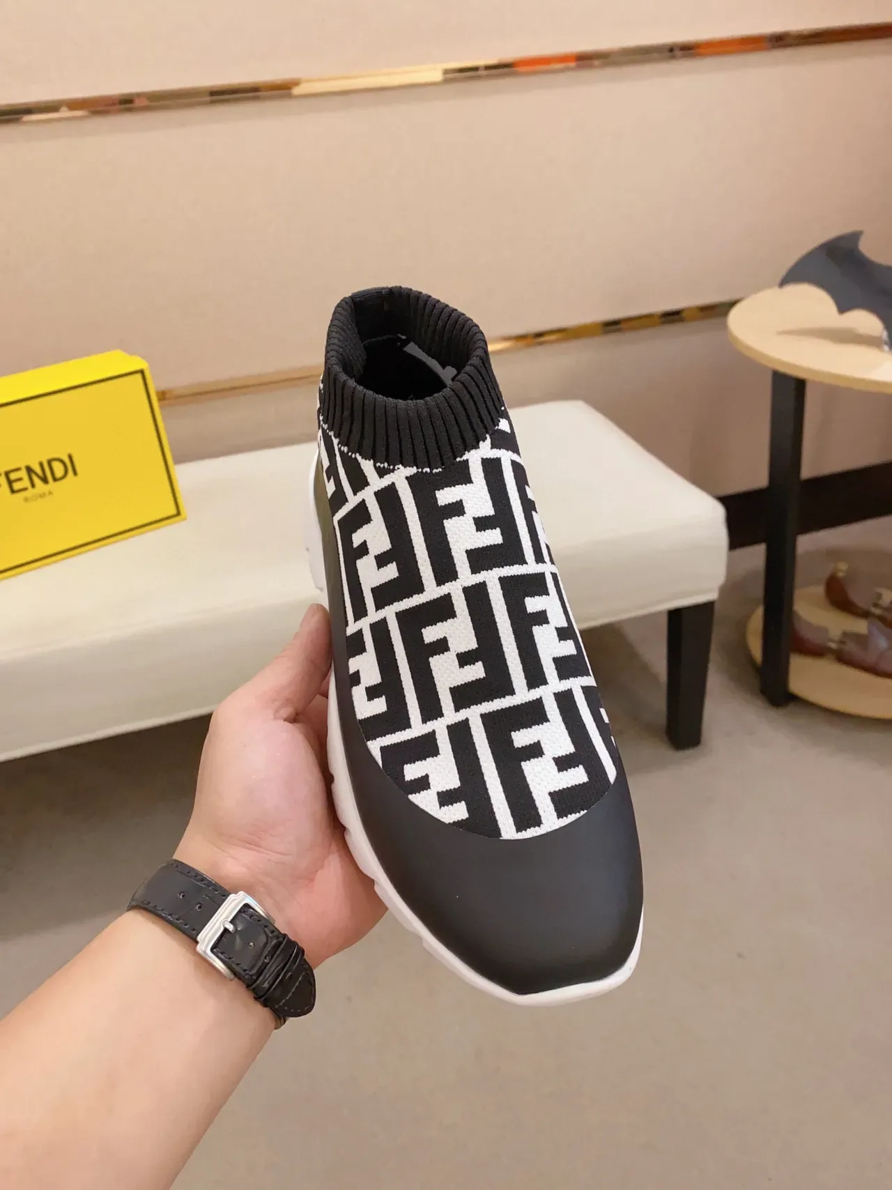 Fendi Speed Trainer Black and White FF Monogram Lifestyle Sneakers 9