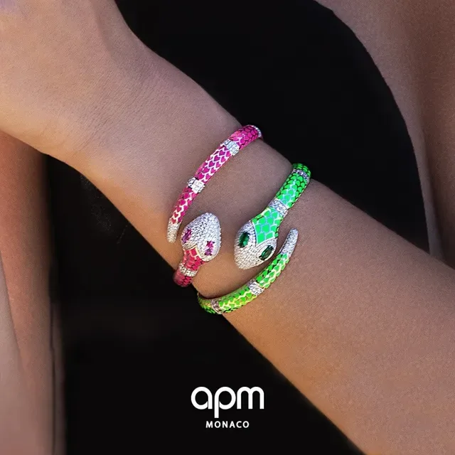 APM Monaco Pulseira de esmalte rosa com motivo de serpente pavé cristal 2