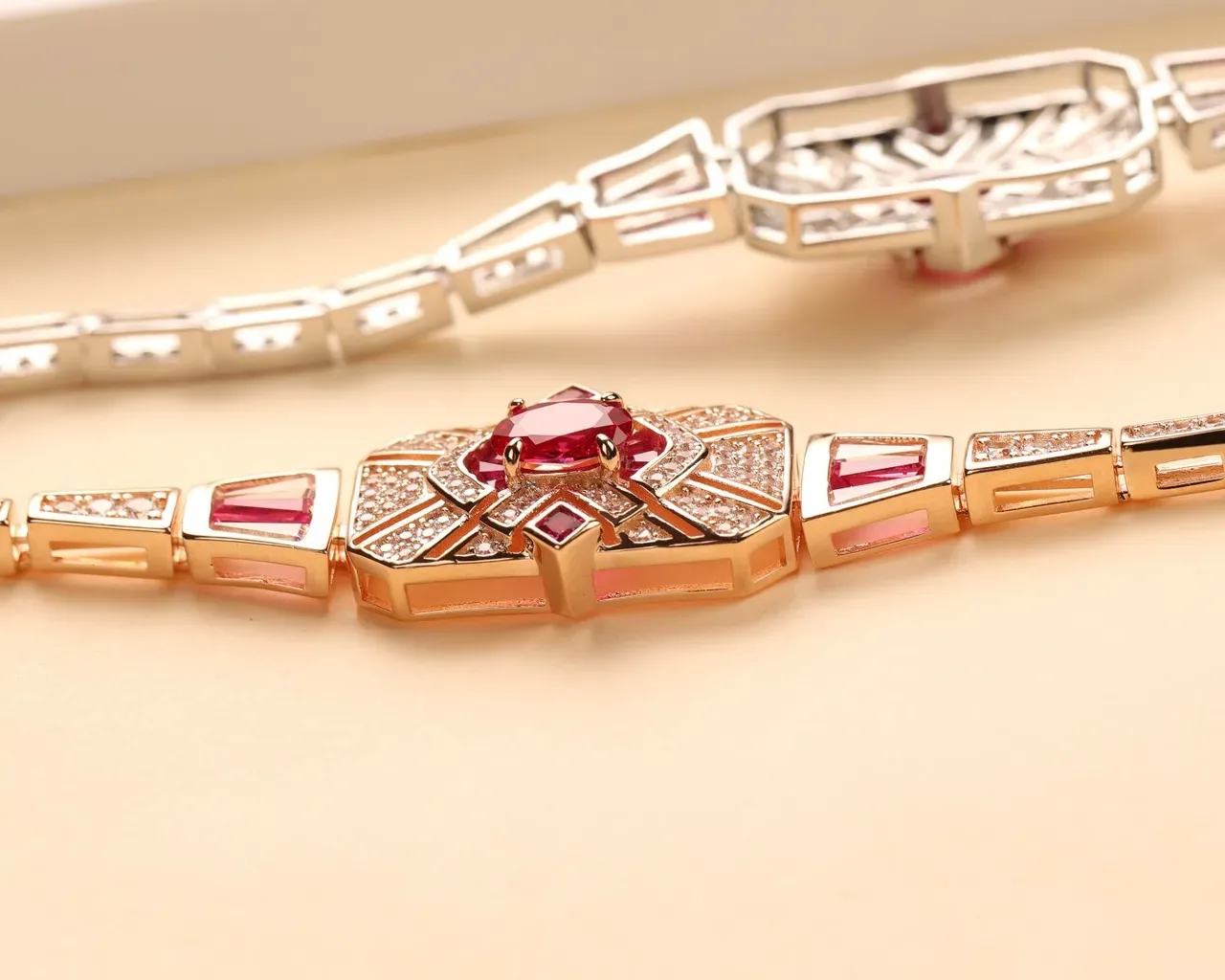 Art Deco Geometric Pavé Red Gemstone Two-Tone Bangle Bracelets 2