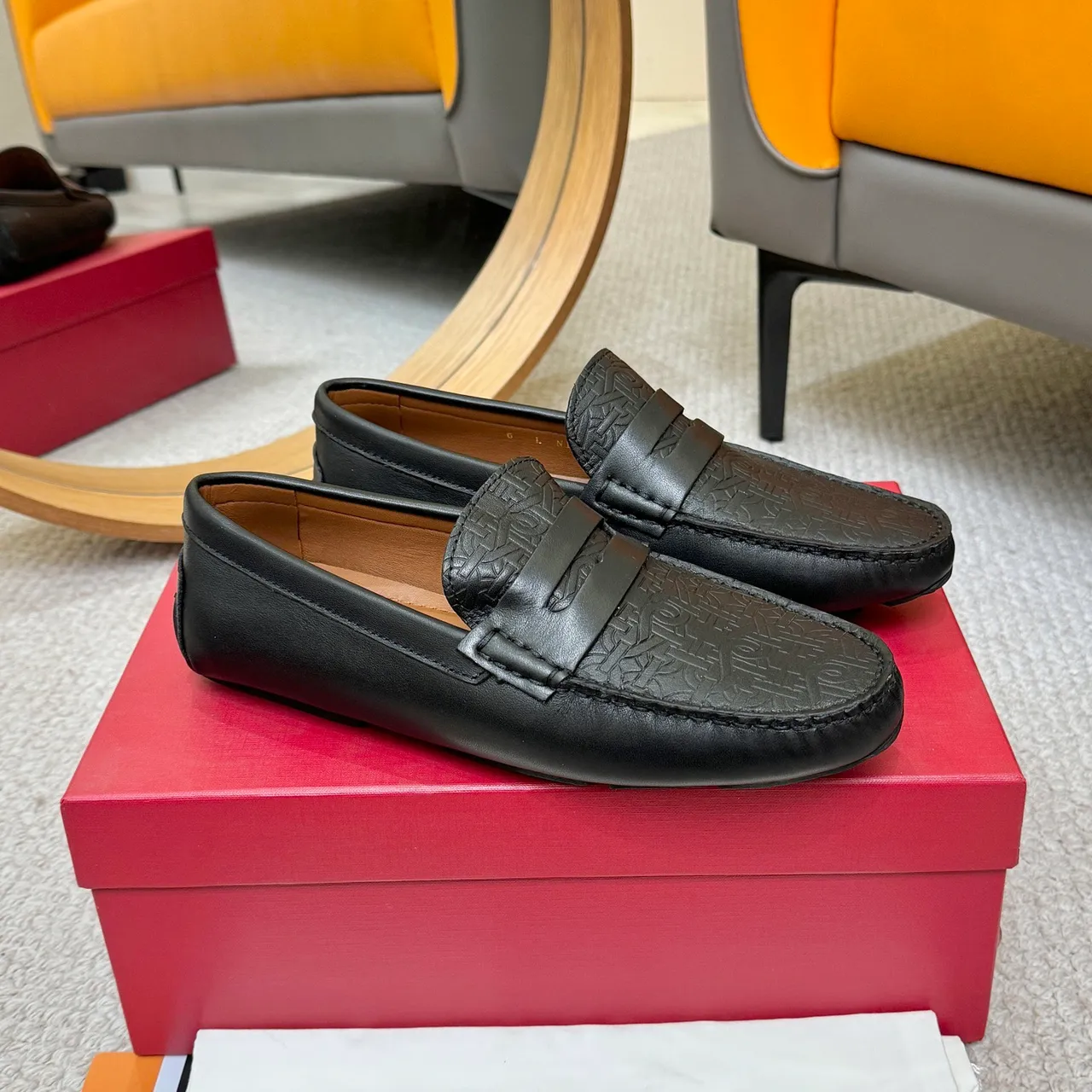 BALLY Black Brown Embossed Geometric Pattern Penny Strap Loafer 4