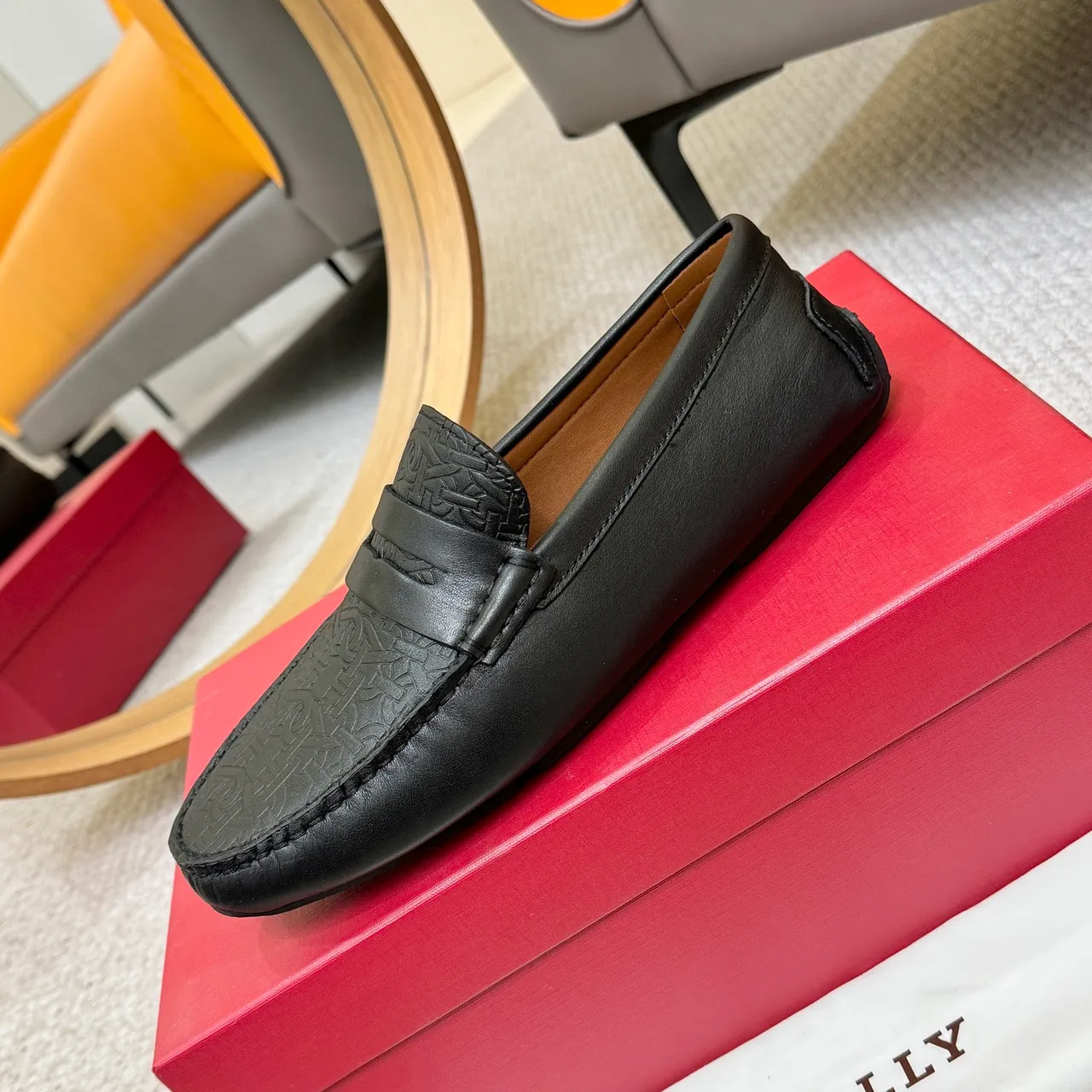 BALLY Black Brown Embossed Geometric Pattern Penny Strap Loafer 6
