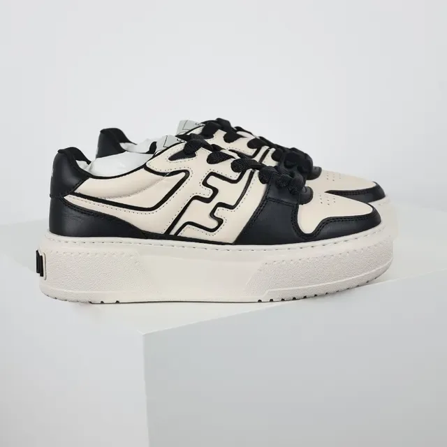 Beige Black Two-Tone Leather Stitched Motif Overlay Sneakers 3