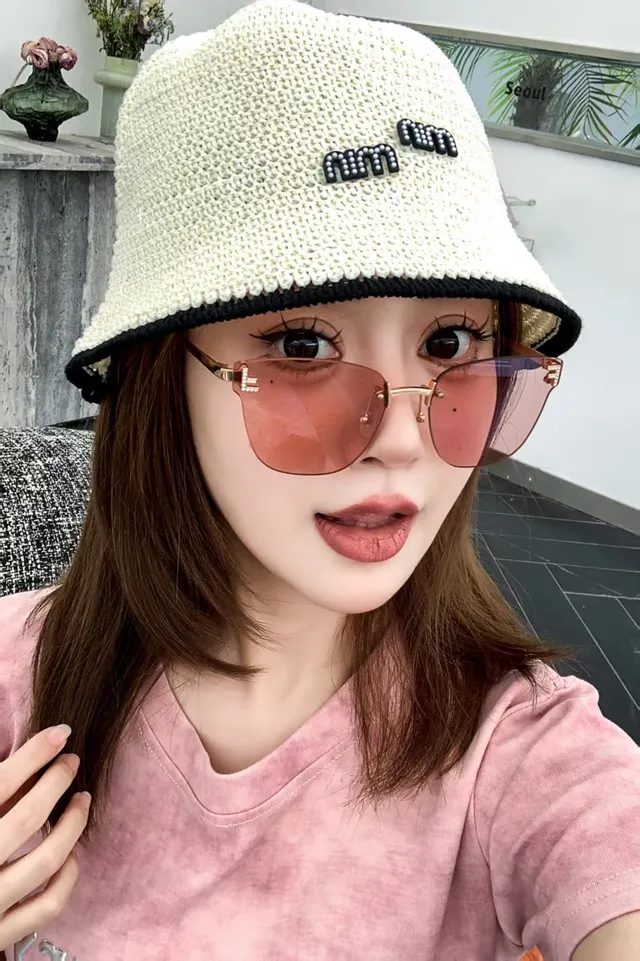 Beige Black Woven Crochet Texture Pearl-Embellished Logo Bucket Hat 7