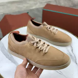 Beige Suede Knit-Collar Low-Top Sneakers