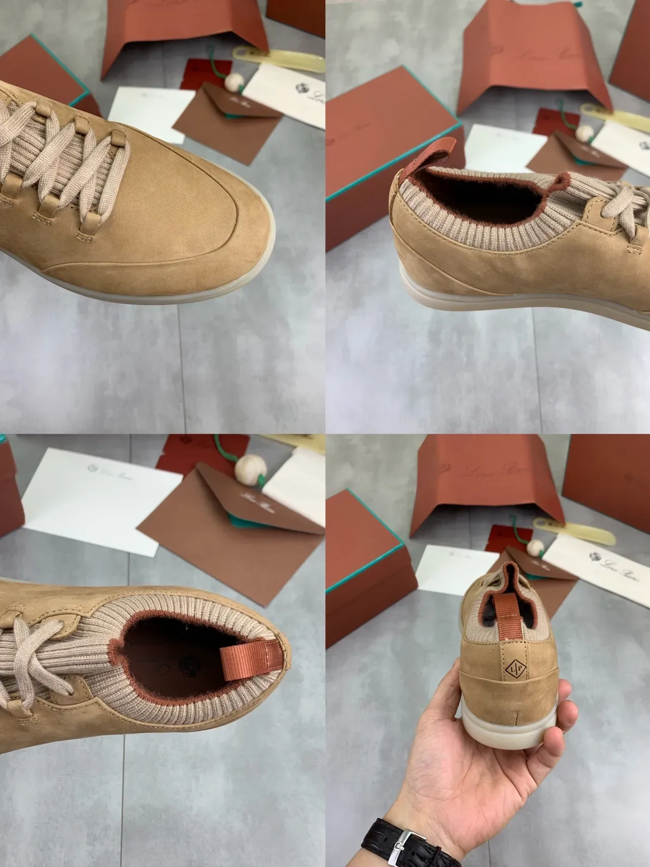 Beige Suede Knit-Collar Low-Top Sneakers 2