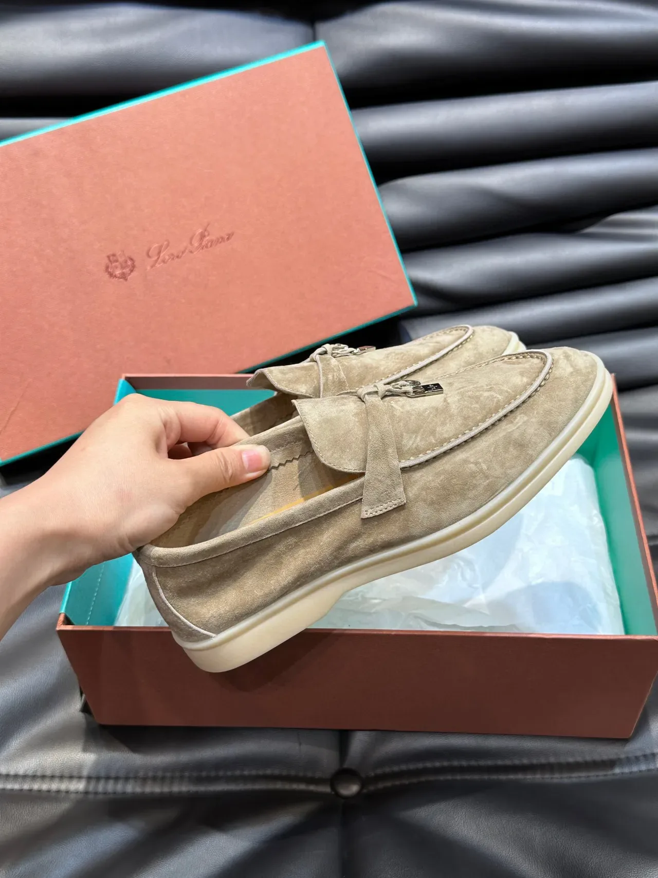 Beige Suede Tassel Strap Loafers 6