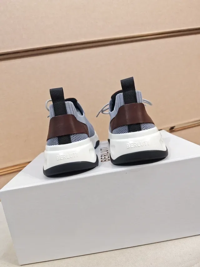 BERLUTI Gray Brown Knit Upper Ribbed Collar Sneakers 3
