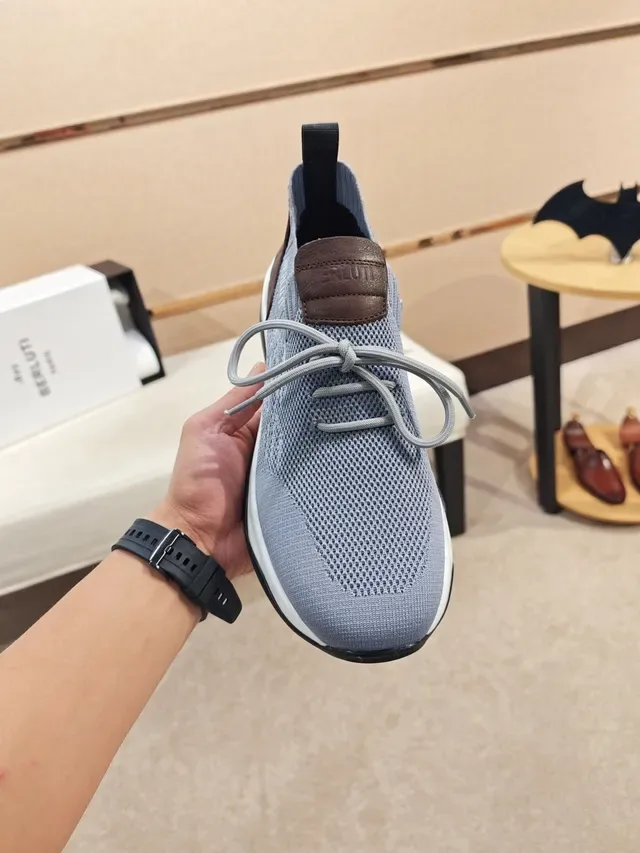 BERLUTI Gray Brown Knit Upper Ribbed Collar Sneakers 5