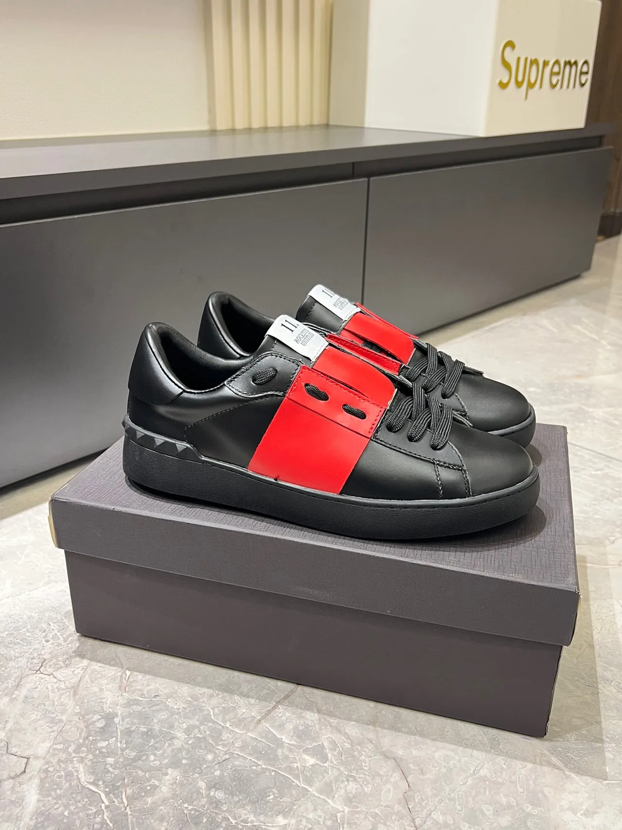 Black and Red Leather Strap Platform Sneakers 3