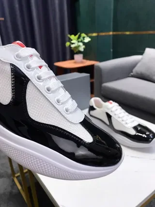 Black and White Contrast Patent Leather Mesh Platform Lifestyle Sneakers 3