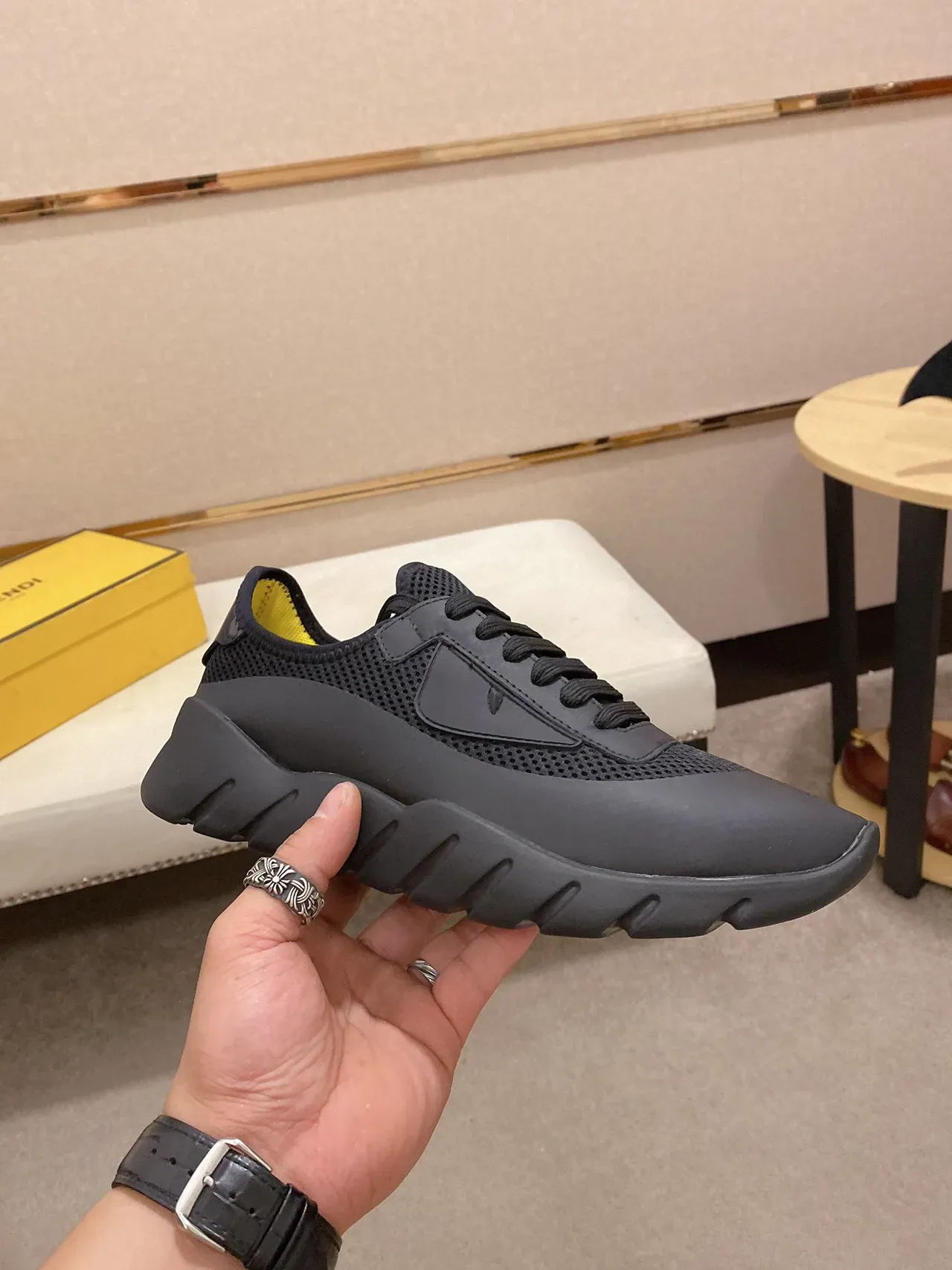 Black Mesh and Synthetic Chunky Sole Sneaker 7