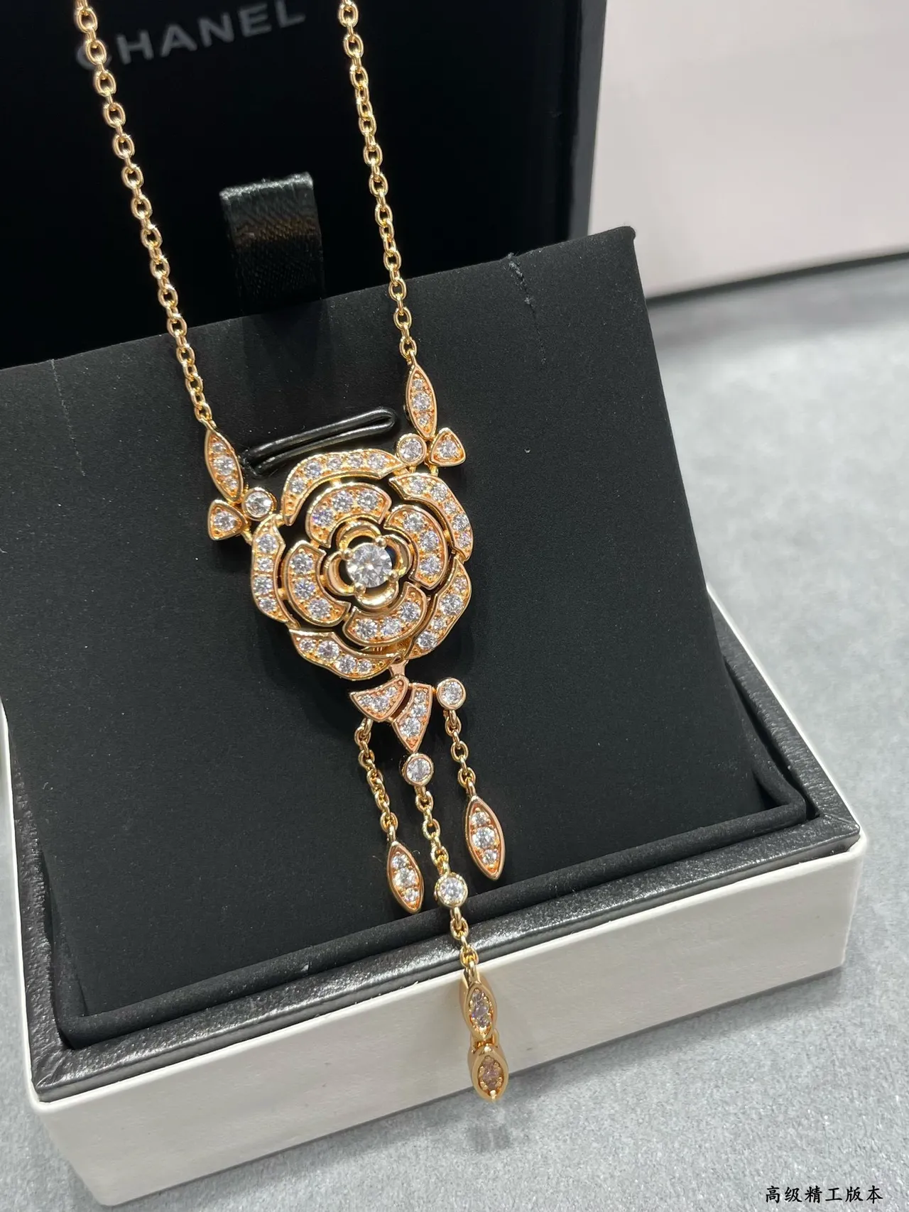 Black Silver Floral Rose Pendant Pave-Set Stones Necklace 6