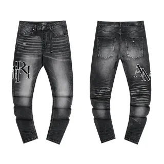 Black White Distressed Denim Slim Tapered Fit Jeans
