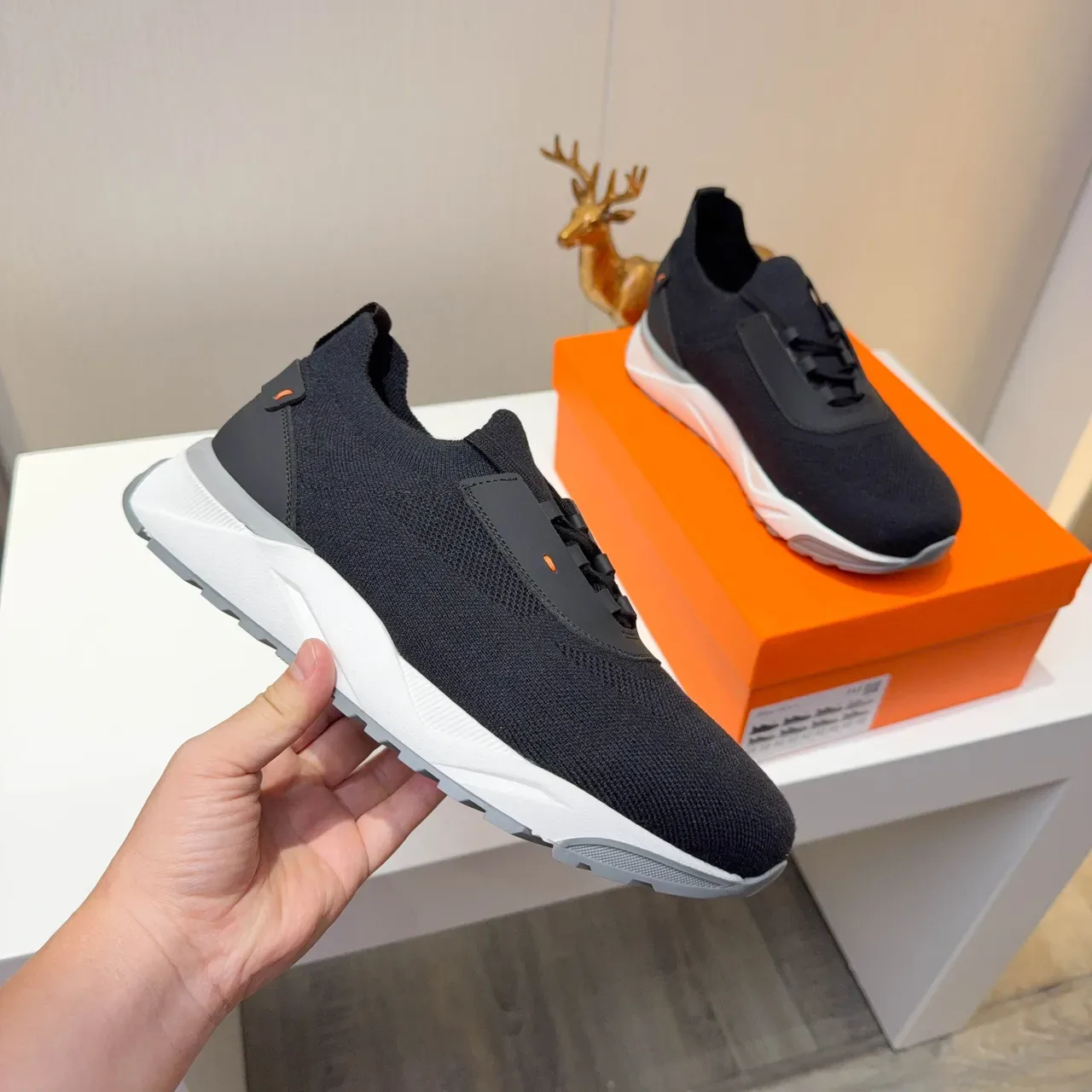 Black White Knit Upper Slip-On Construction Sneakers 5