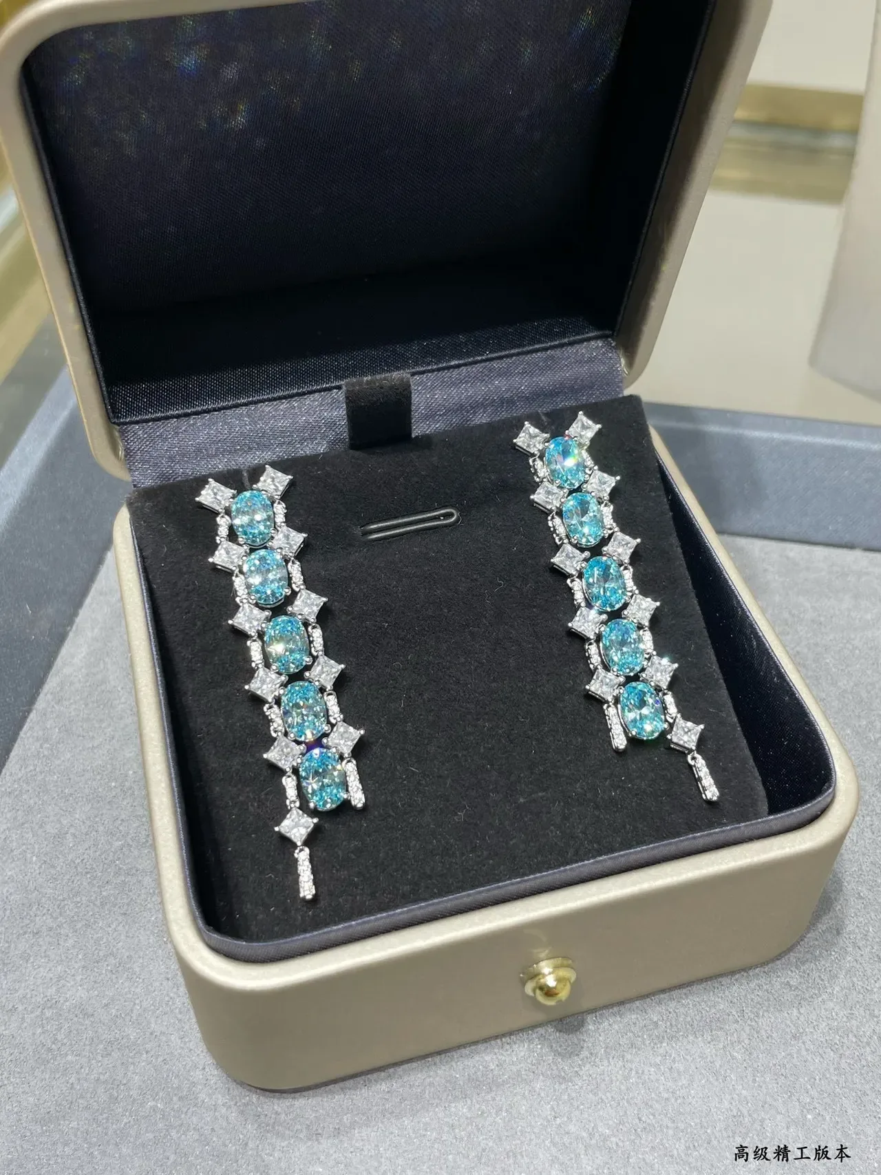 Blue and Clear Stone Cascade Dangle Earrings 7