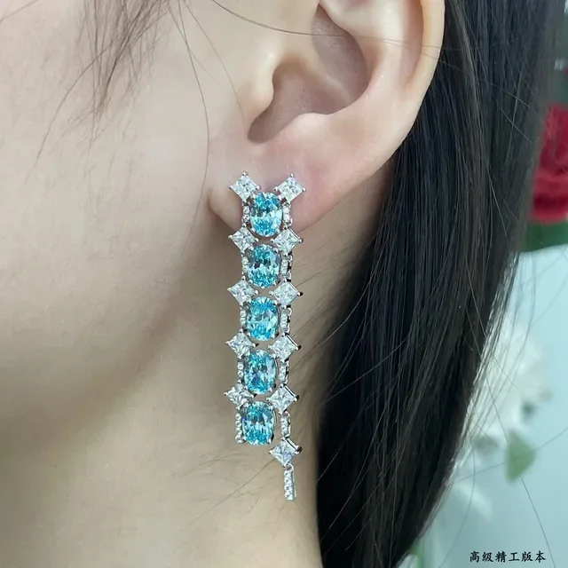 Blue and Clear Stone Cascade Dangle Earrings 9