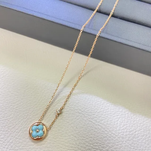 Blue Gold Floral Enamel Pendant Circular Bezel Setting Necklace 2