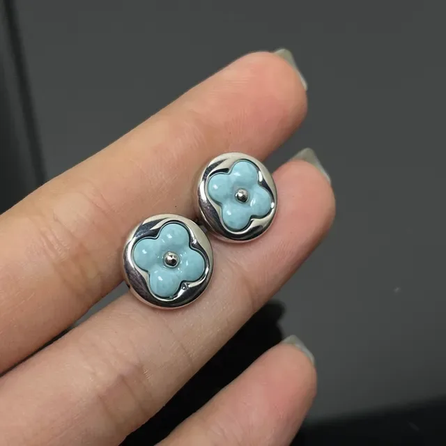 Blue Gold Round Stud Enamel Flower Earrings 2