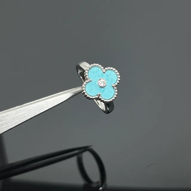 Blue Silver Four-Petal Clover-Shaped Enamel Beaded Milgrain Edge Ring 3