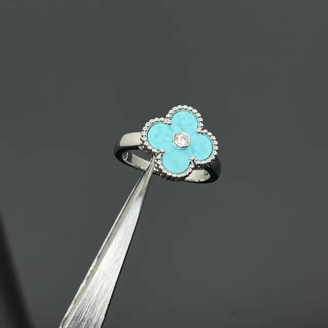 Blue Silver Four-Petal Clover-Shaped Enamel Beaded Milgrain Edge Ring 4