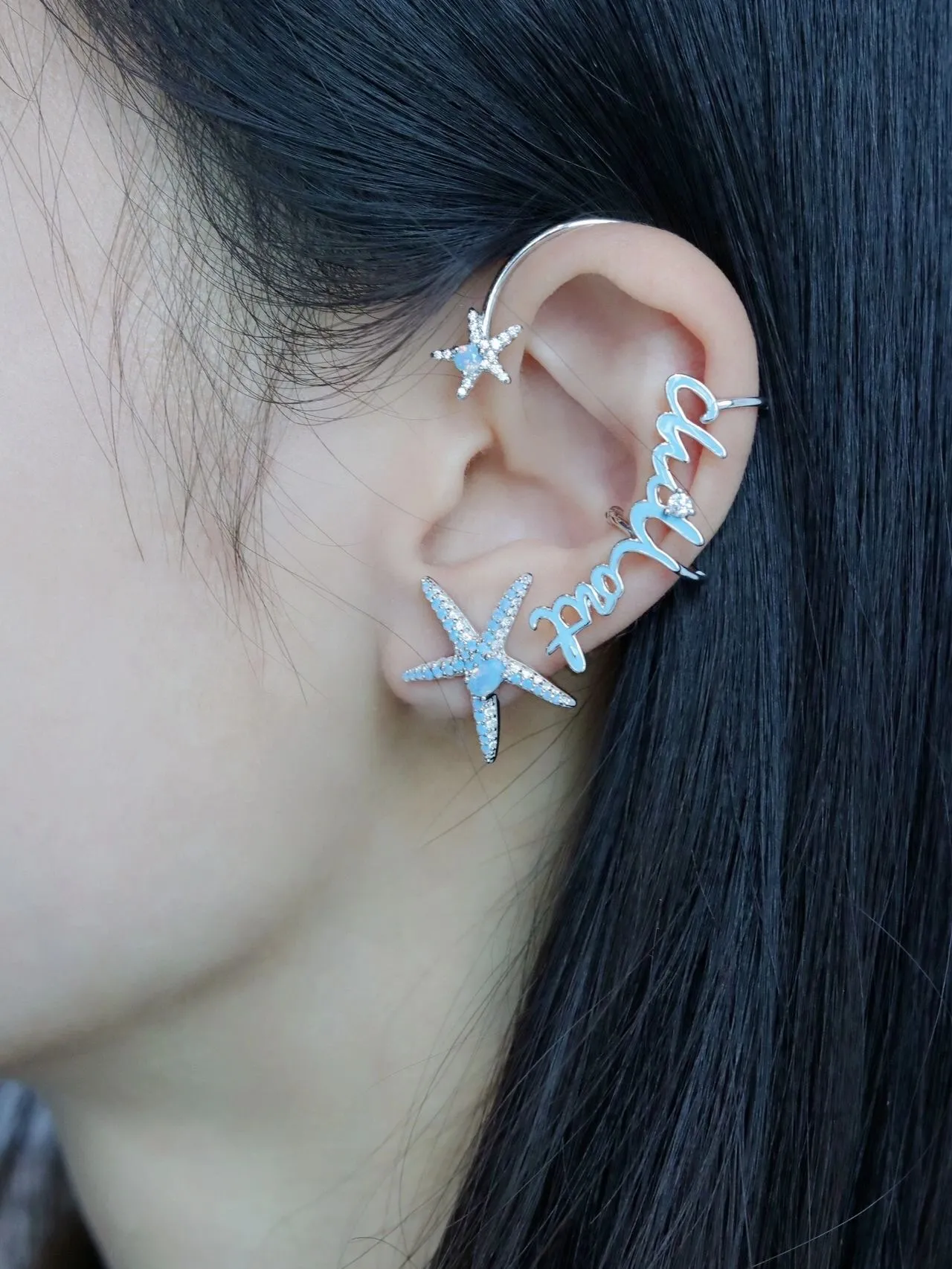 Blue Silver Starfish-Shaped Pave-Set Stones Earrings 6