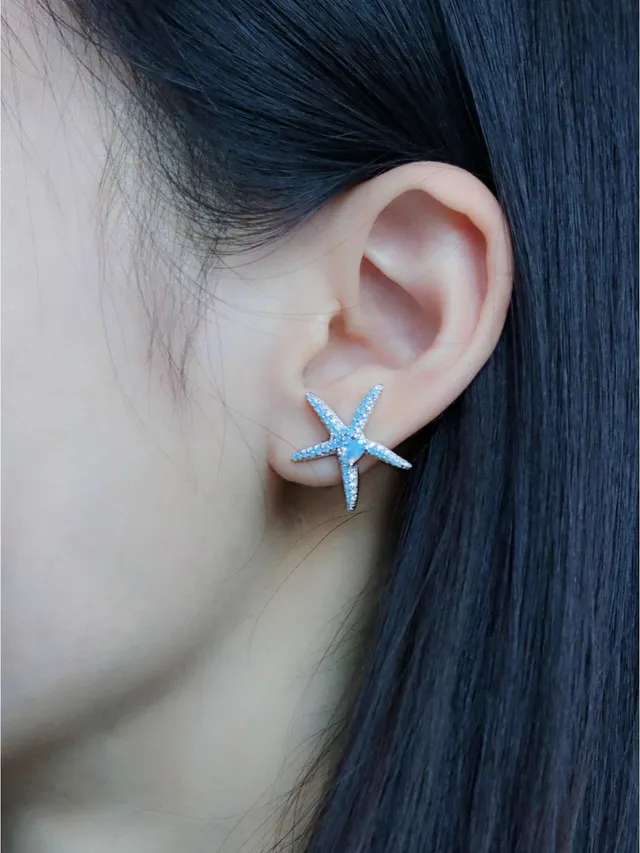 Blue Silver Starfish-Shaped Pave-Set Stones Earrings 9